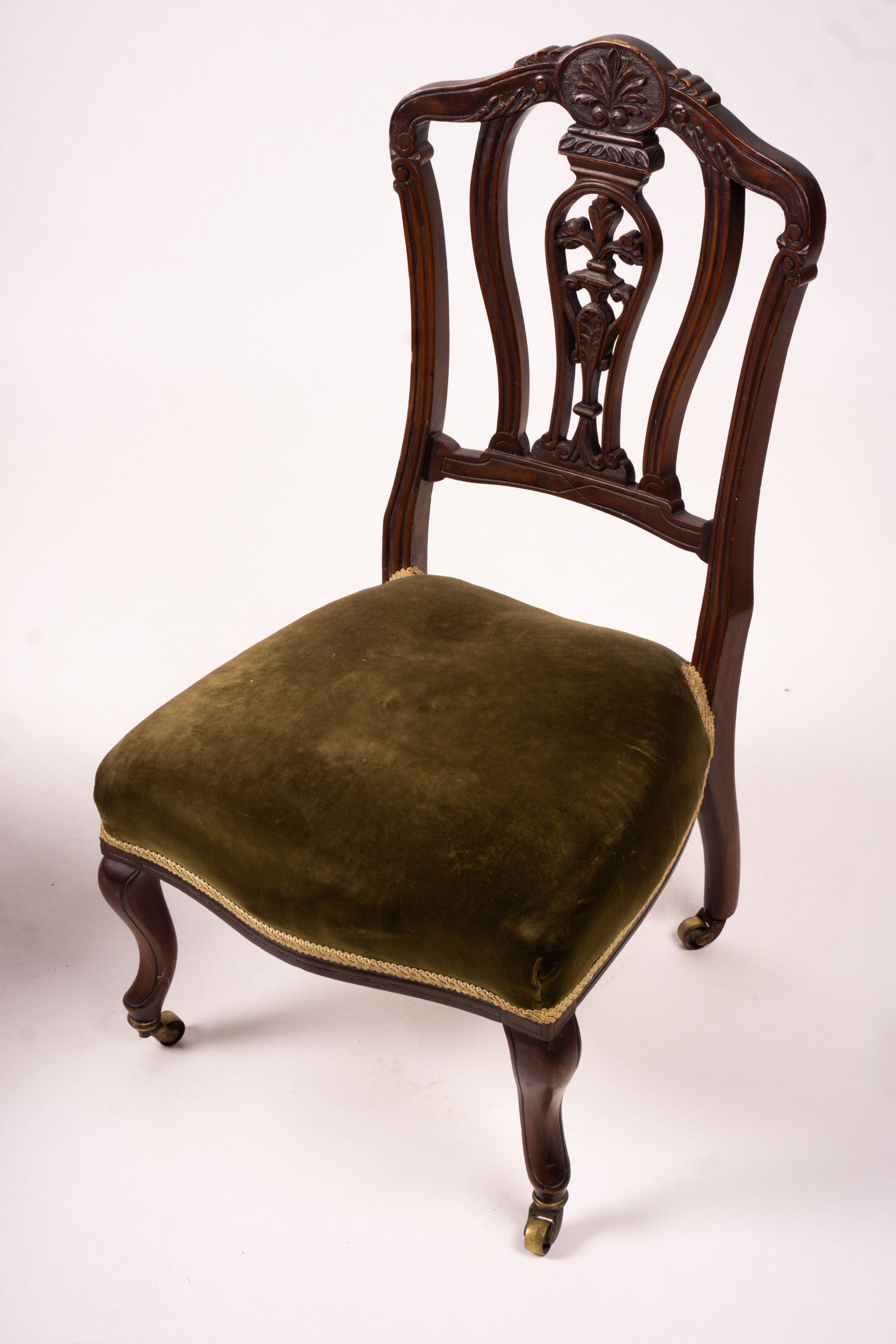 A Victorian salon chair, a Victorian side chair, square oak occasional table and a circular table